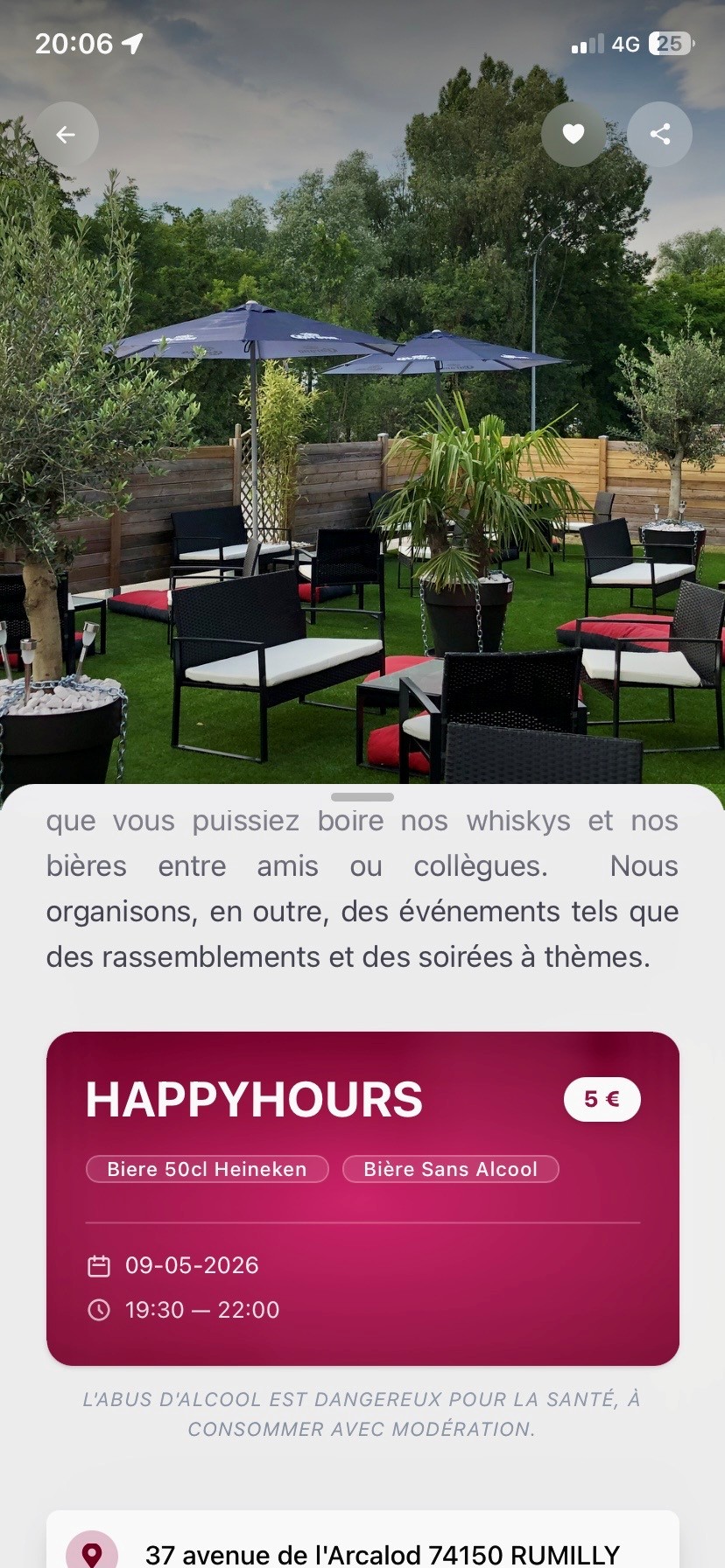 L'écran carte de l'application Happyhours-Guide